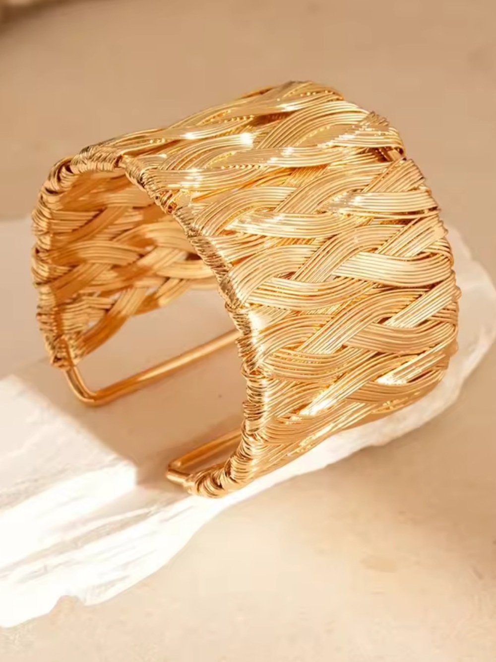 Gold Braided Wide Cuff Bracelet - Stainless Steel Women Jewelry